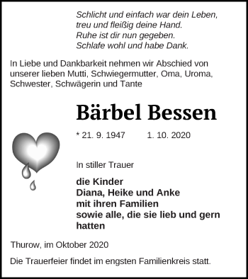 Traueranzeige von Bärbel Bessen von Strelitzer Zeitung