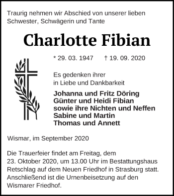 Traueranzeige von Charlotte Fibian von Pasewalker Zeitung