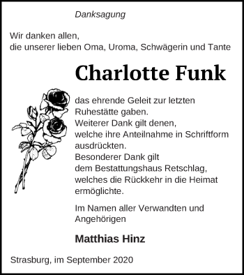 Traueranzeige von Charlotte Funk von Pasewalker Zeitung