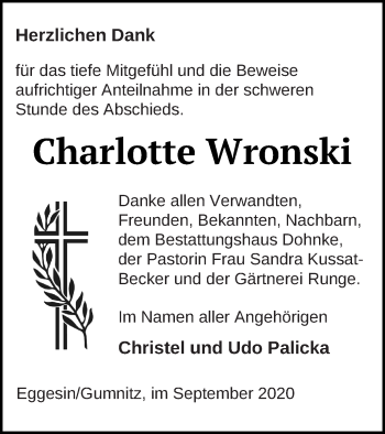 Traueranzeige von Charlotte Wronski von Haff-Zeitung
