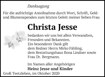 Traueranzeige von Christa Jesse von Neubrandenburger Zeitung