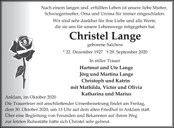 Traueranzeige von Christel Lange von Vorpommern Kurier