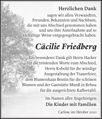 Traueranzeige von Cäcilie Friedberg von Zeitung für die Landeshauptstadt