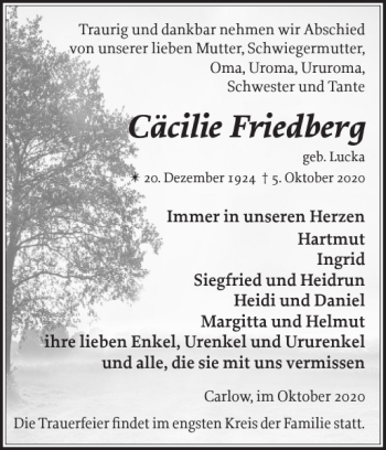 Traueranzeige von Cäcilie Friedberg von Gadebusch-Rehnaer Zeitung