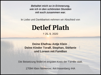 Traueranzeige von Detlef Plath von Neubrandenburger Zeitung