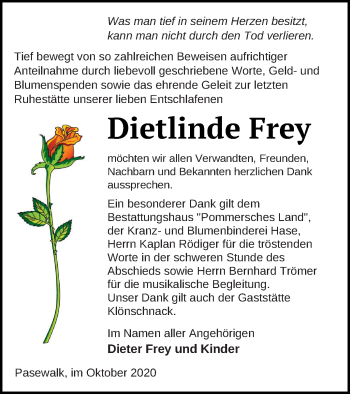 Traueranzeige von Dietlinde Frey von Pasewalker Zeitung