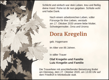 Traueranzeige von Dora Kregelin von Haff-Zeitung