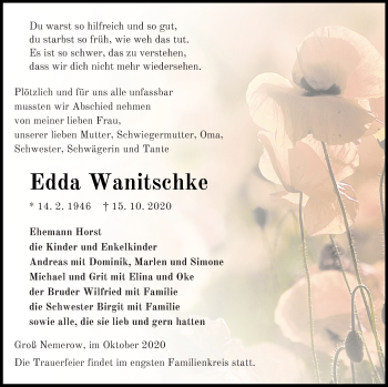 Traueranzeige von Edda Wanitschke von Neubrandenburger Zeitung