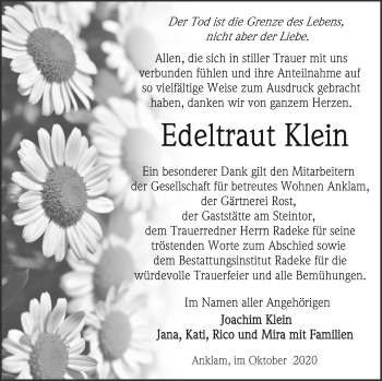 Traueranzeige von Edeltraut Klein von Vorpommern Kurier