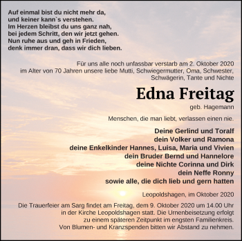 Traueranzeige von Edna Freitag von Vorpommern Kurier