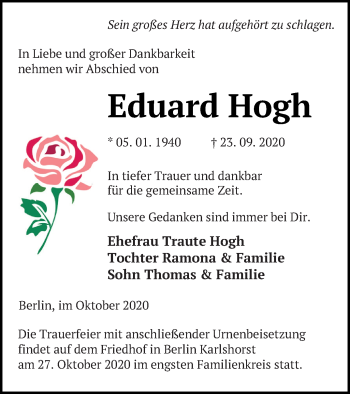 Traueranzeige von Eduard Hogh von Neubrandenburger Zeitung