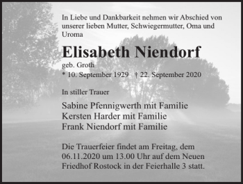 Traueranzeige von Elisabeth Niendorf von Norddeutsche Neueste Nachrichten