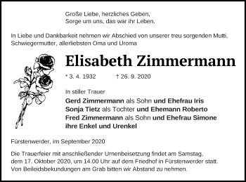 Traueranzeige von Elisabeth Zimmermann von Prenzlauer Zeitung