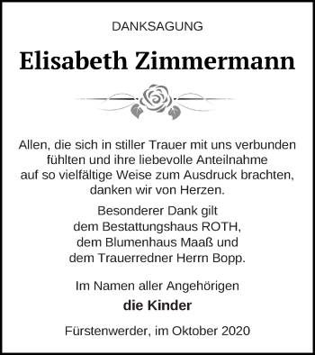 Traueranzeige von Elisabeth Zimmermann von Prenzlauer Zeitung