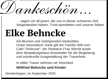 Traueranzeige von Elke Behncke von Müritz-Zeitung