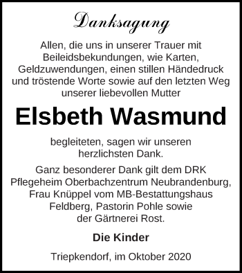 Traueranzeige von Elsbeth Wasmund von Strelitzer Zeitung