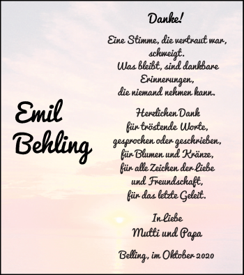 Traueranzeige von Emil Behling von Pasewalker Zeitung