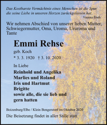 Traueranzeige von Emmi Rehse von Hagenower Kreisblatt