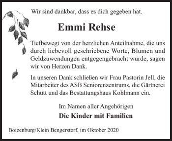 Traueranzeige von Emmi Rehse von Hagenower Kreisblatt