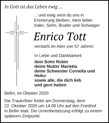 Traueranzeige von Enrico Tott von Haff-Zeitung