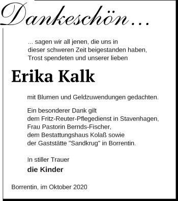 Traueranzeige von Erika Kalk von Demminer Zeitung