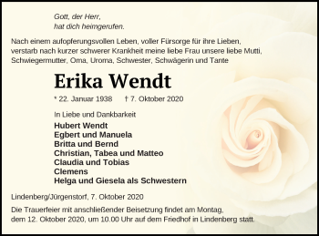 Traueranzeige von Erika Wendt von Demminer Zeitung