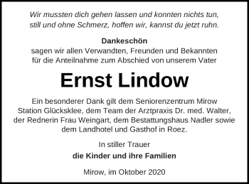 Traueranzeige von Ernst Lindow von Strelitzer Zeitung