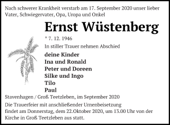 Traueranzeige von Ernst Wüstenberg von Neubrandenburger Zeitung