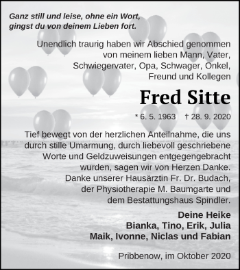 Traueranzeige von Fred Sitte von Mecklenburger Schweiz