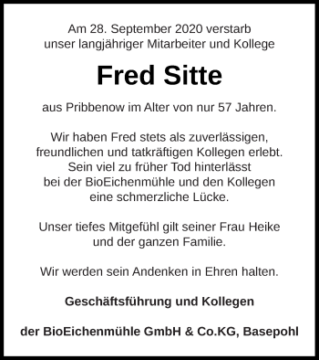 Traueranzeige von Fred Sitte von Mecklenburger Schweiz