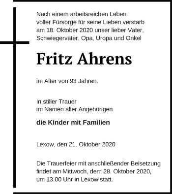 Traueranzeige von Fritz Ahrens von Müritz-Zeitung