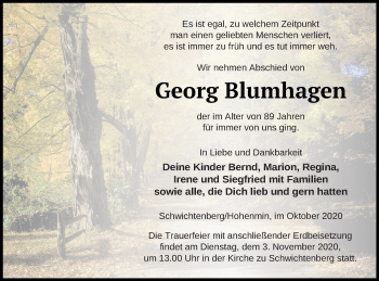 Traueranzeige von Georg Blumhagen von Neubrandenburger Zeitung