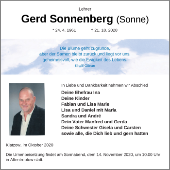 Traueranzeige von Gerd Sonnenberg von Haff-Zeitung