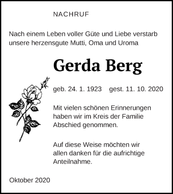 Traueranzeige von Gerda Berg von Neubrandenburger Zeitung