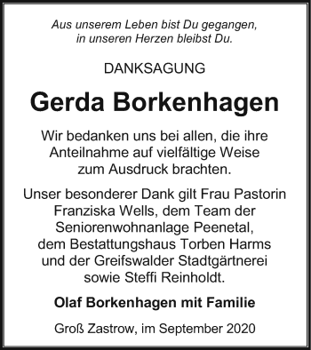 Traueranzeige von Gerda Borkenhagen von Vorpommern Kurier