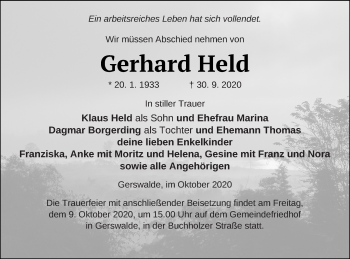 Traueranzeige von Gerhard Held von Templiner Zeitung