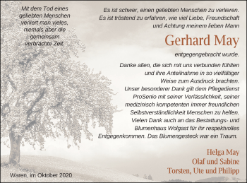 Traueranzeige von Gerhard May von Müritz-Zeitung