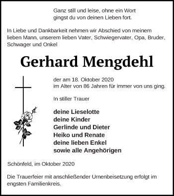 Traueranzeige von Gerhard Mengdehl von Demminer Zeitung