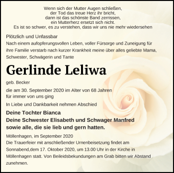 Traueranzeige von Gerlinde Leliwa von Müritz-Zeitung