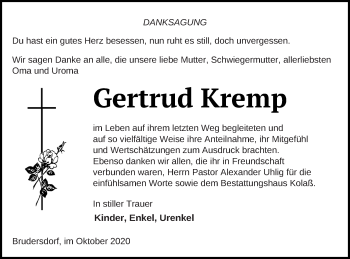 Traueranzeige von Gertrud Kremp von Vorpommern Kurier