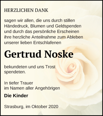 Traueranzeige von Gertrud Noske von Pasewalker Zeitung