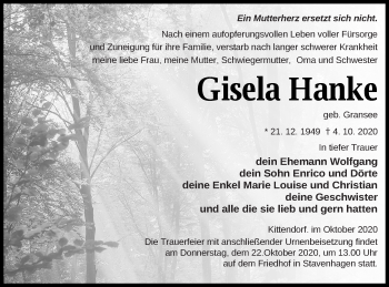 Traueranzeige von Gisela Hanke von Mecklenburger Schweiz