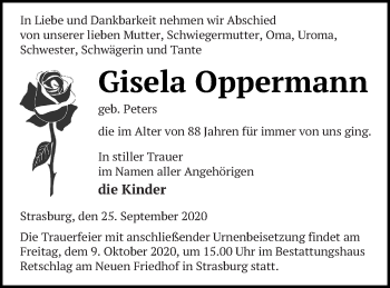 Traueranzeige von Gisela Oppermann von Pasewalker Zeitung