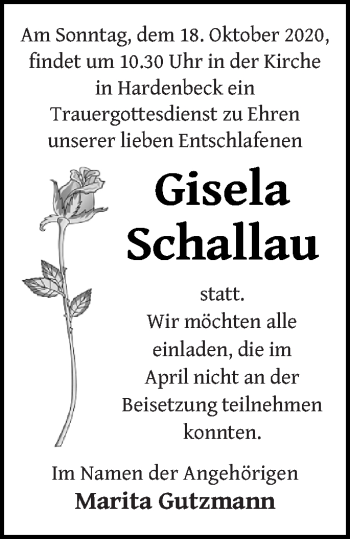 Traueranzeige von Gisela Schallau von Templiner Zeitung