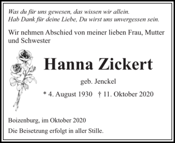 Traueranzeige von Hanna Zickert von Hagenower Kreisblatt