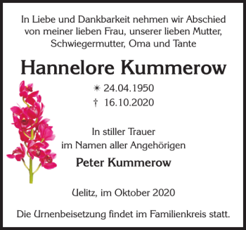 Traueranzeige von Hannelore Kummerow von Zeitung für die Landeshauptstadt