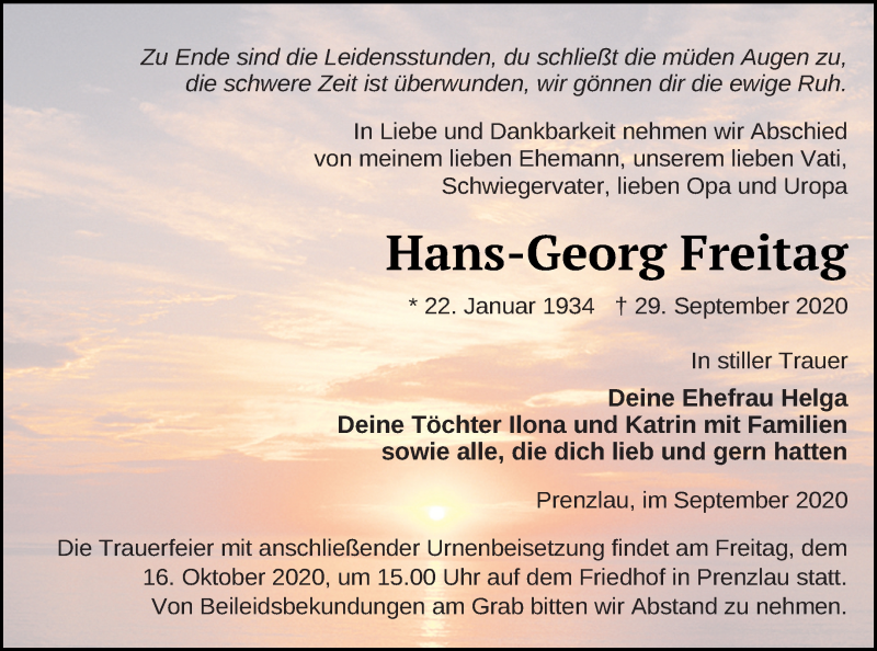  Traueranzeige für Hans-Georg Freitag vom 02.10.2020 aus Prenzlauer Zeitung