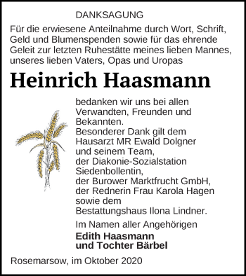 Traueranzeige von Heinrich Haasmann von Neubrandenburger Zeitung