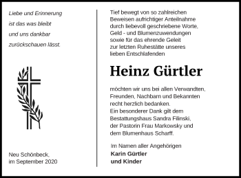 Traueranzeige von Heinz Gürtler von Neubrandenburger Zeitung