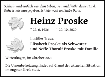 Traueranzeige von Heinz Proske von Strelitzer Zeitung